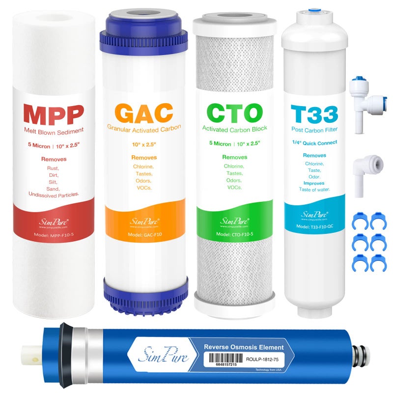 SimPure 5-Stage Reverse Osmosis Replacement Filter Set with 75 GPD RO Membrane, 5pc Pre & Post Replacement Cartridge Pack Kit for Standard 10-icnh 5-Stage Reverse Osmosis RO Systems - Image 1